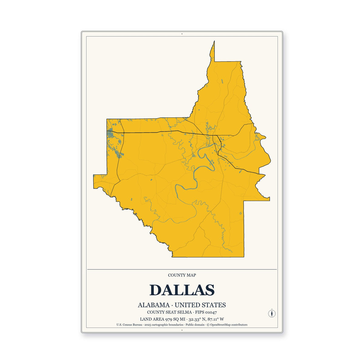 Dallas County, Alabama Map Aluminum Sign in Citrine Modern style