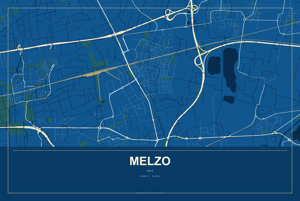 Melzo, Italy City Map Aluminum Sign in Harbor Cobalt style