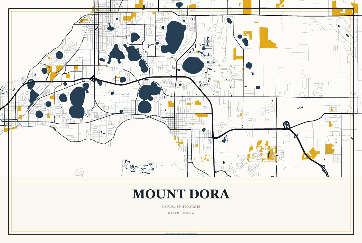 Mount Dora, Florida City Map Aluminum Sign in Citrine Modern style