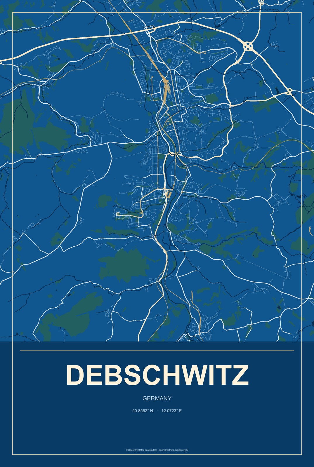 Debschwitz, Germany City Map Aluminum Sign in Harbor Cobalt style