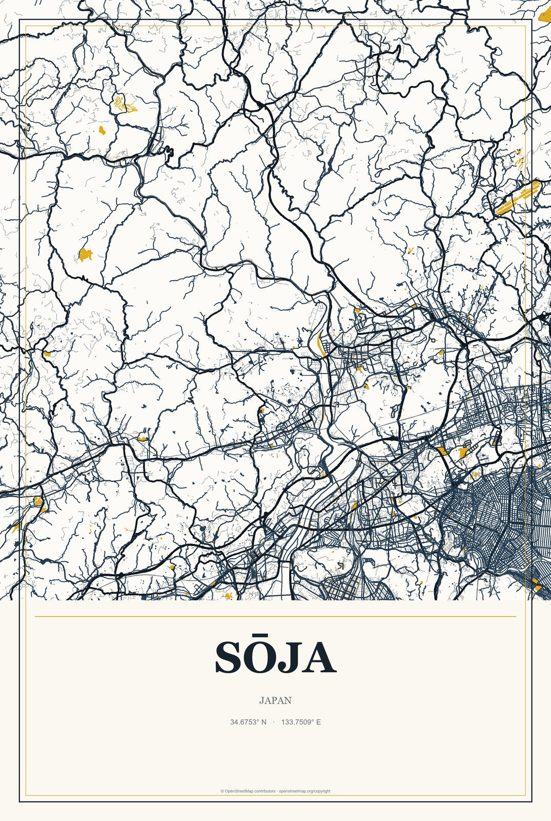 Sōja, Japan City Map Aluminum Sign in Citrine Modern style