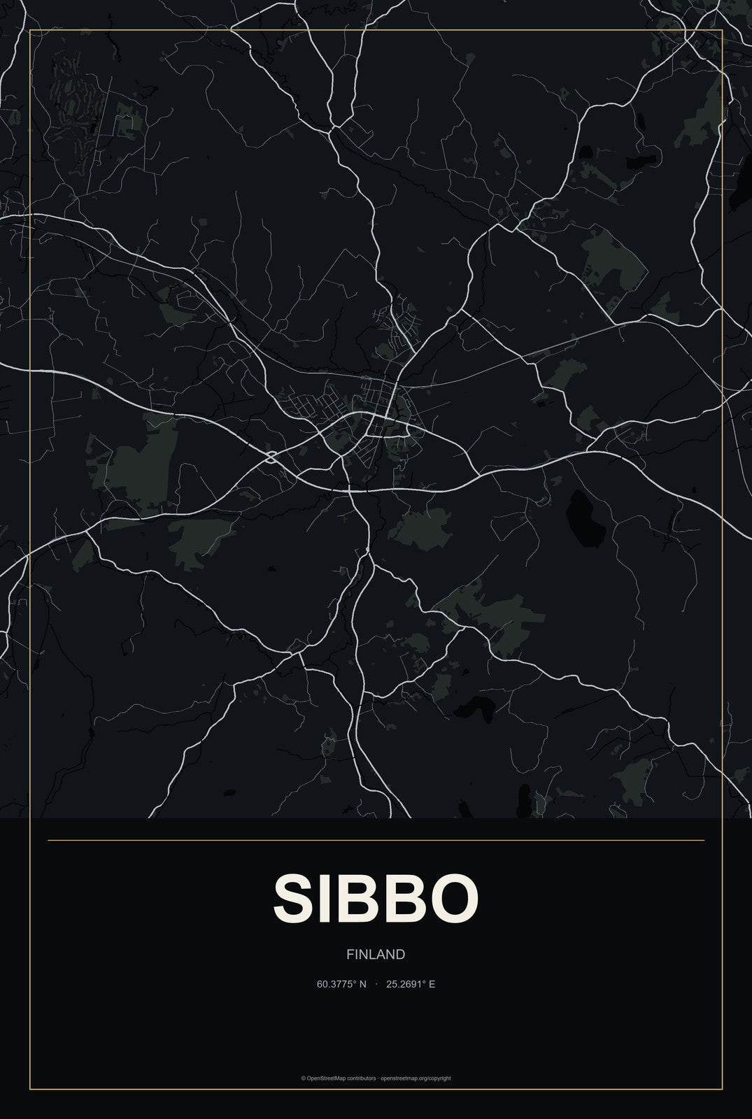 Sibbo, Finland City Map Aluminum Sign in Metropolitan Noir style