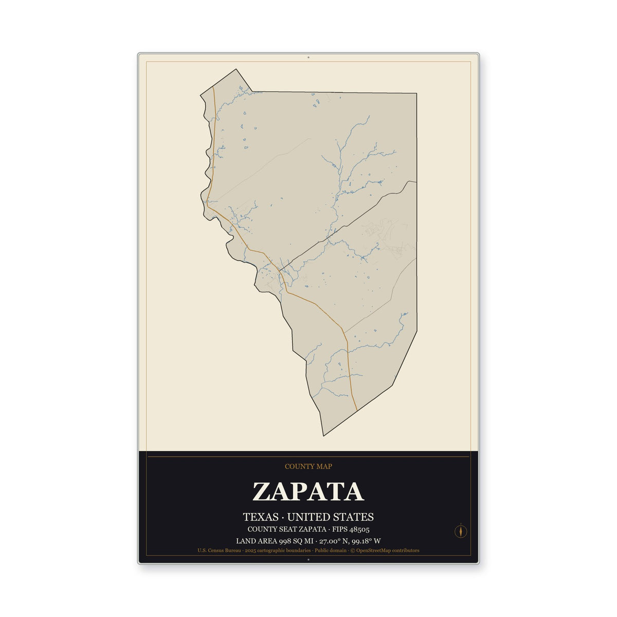 Zapata County, Texas Map Aluminum Sign in Museum Plaque style