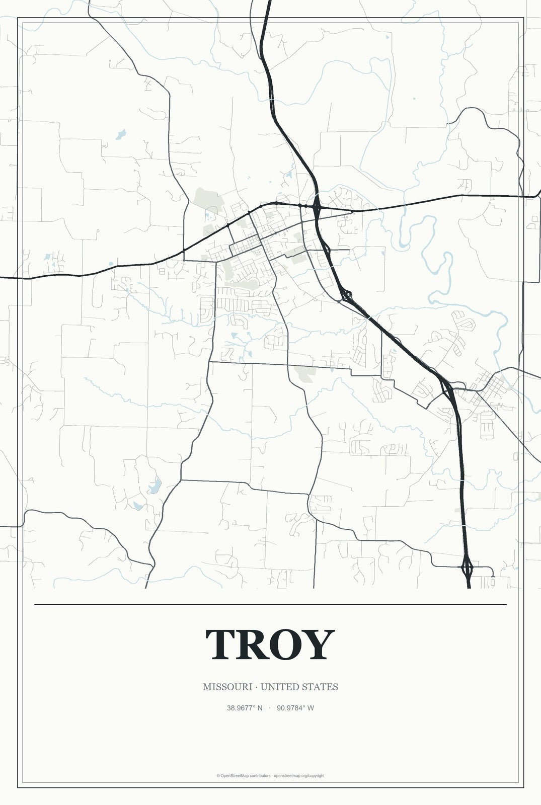 Troy, Missouri City Map Aluminum Sign in Gallery Air style