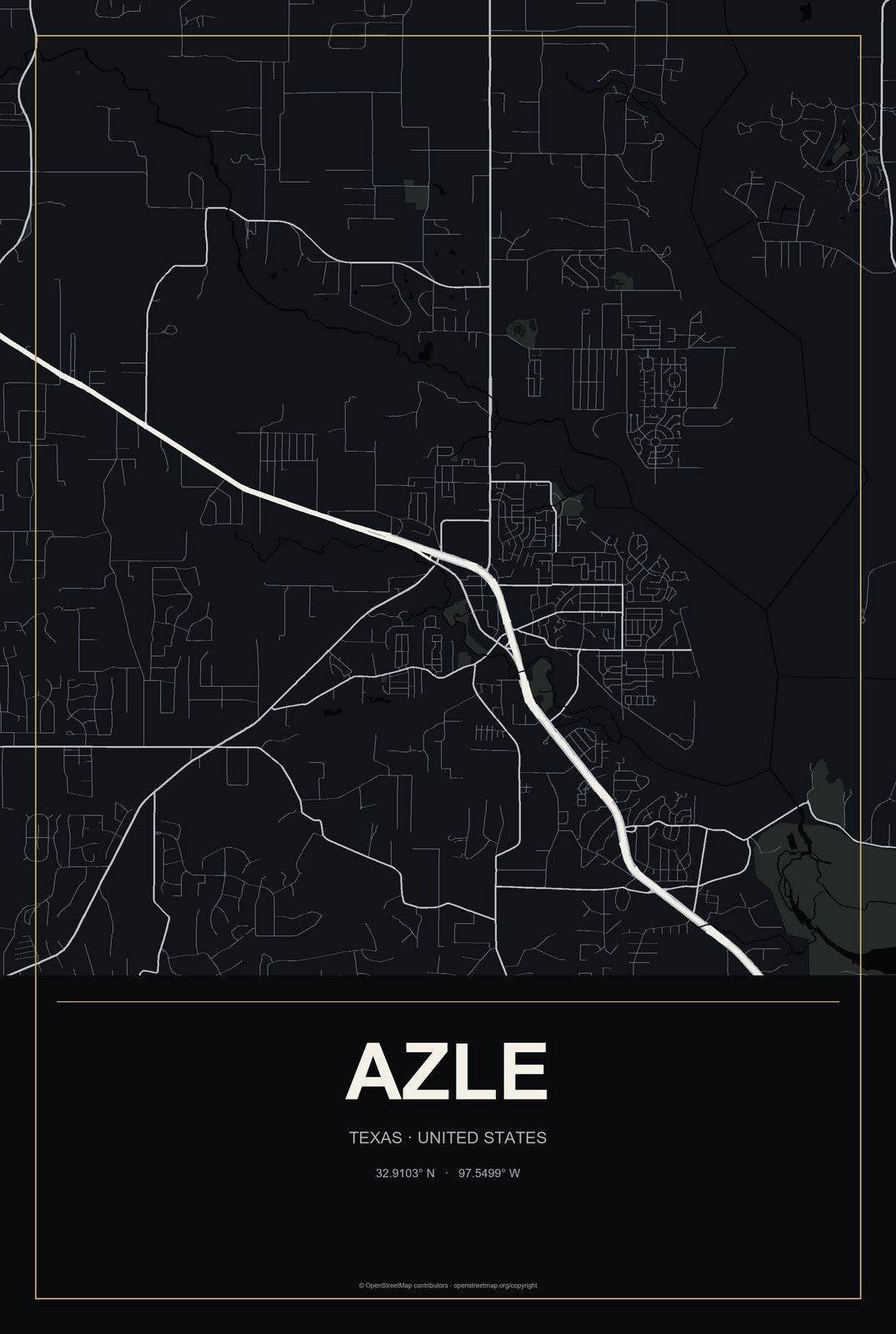 Azle, Texas City Map Aluminum Sign in Metropolitan Noir style