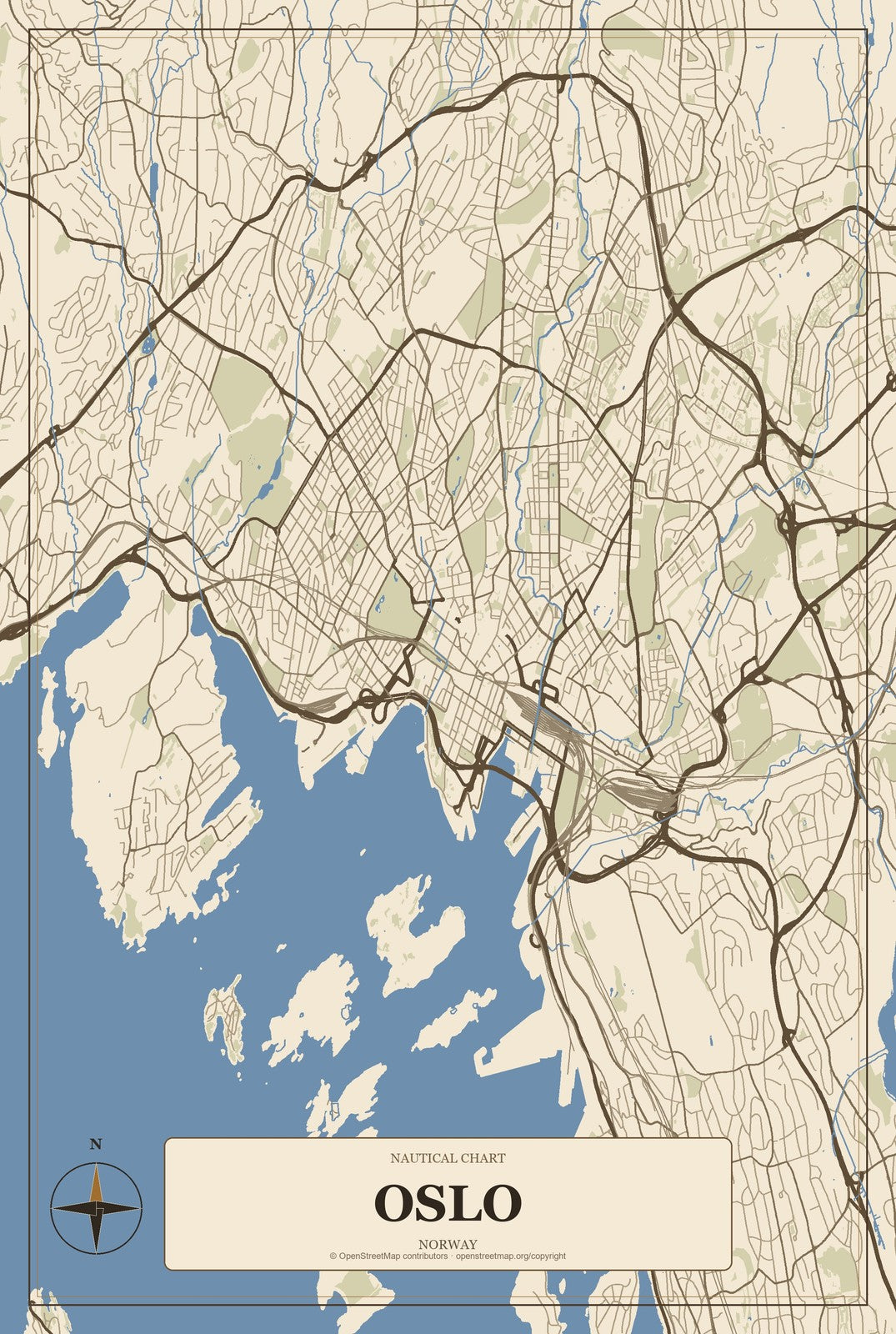 Oslo, Norway City Map Aluminum Sign in Heritage Nautical style