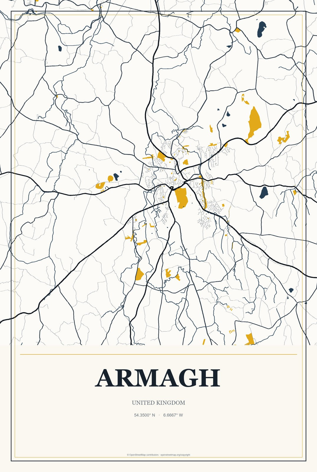 Armagh, United Kingdom City Map Aluminum Sign in Citrine Modern style
