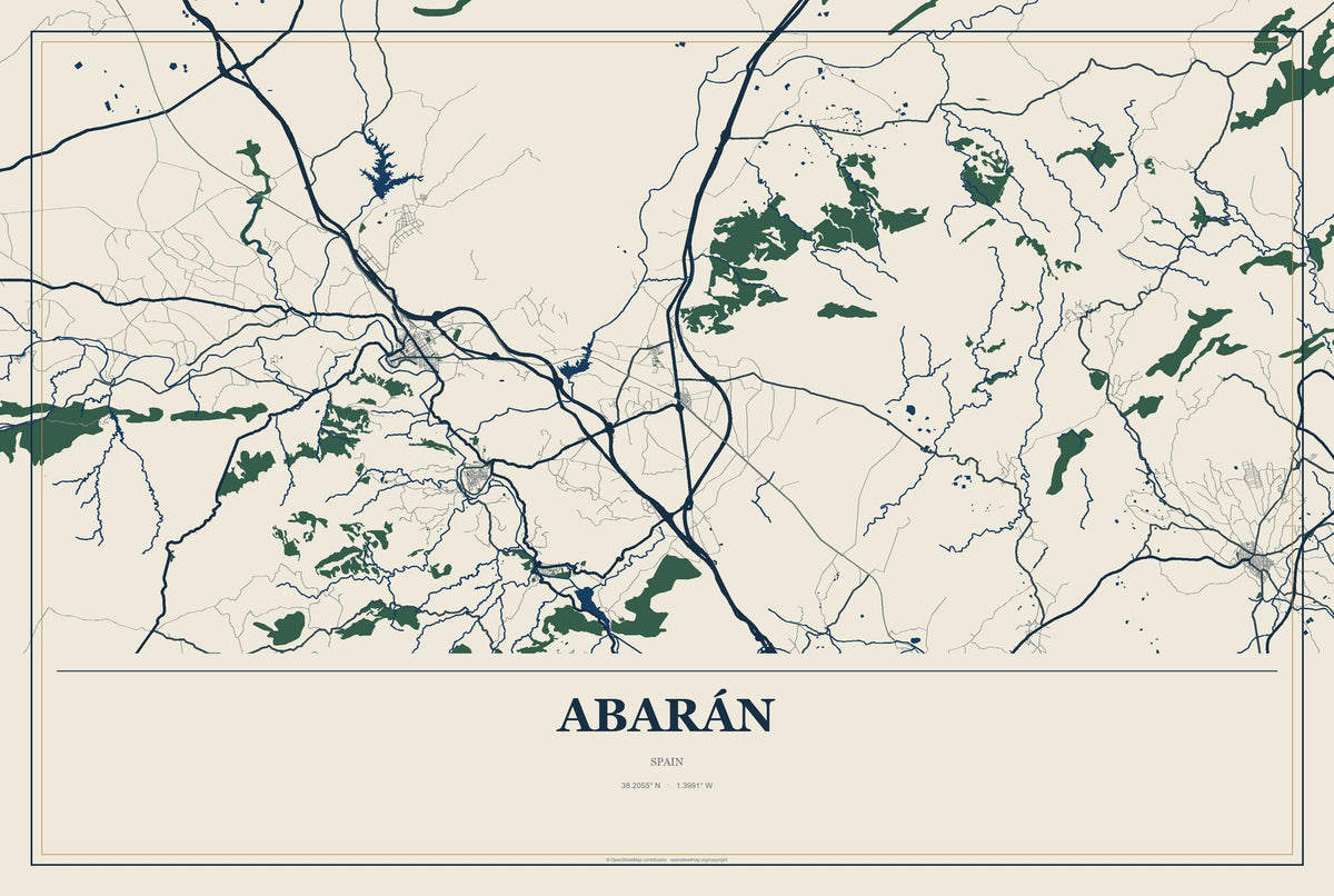 Abarán, Spain City Map Aluminum Sign in Coastal Cutout style