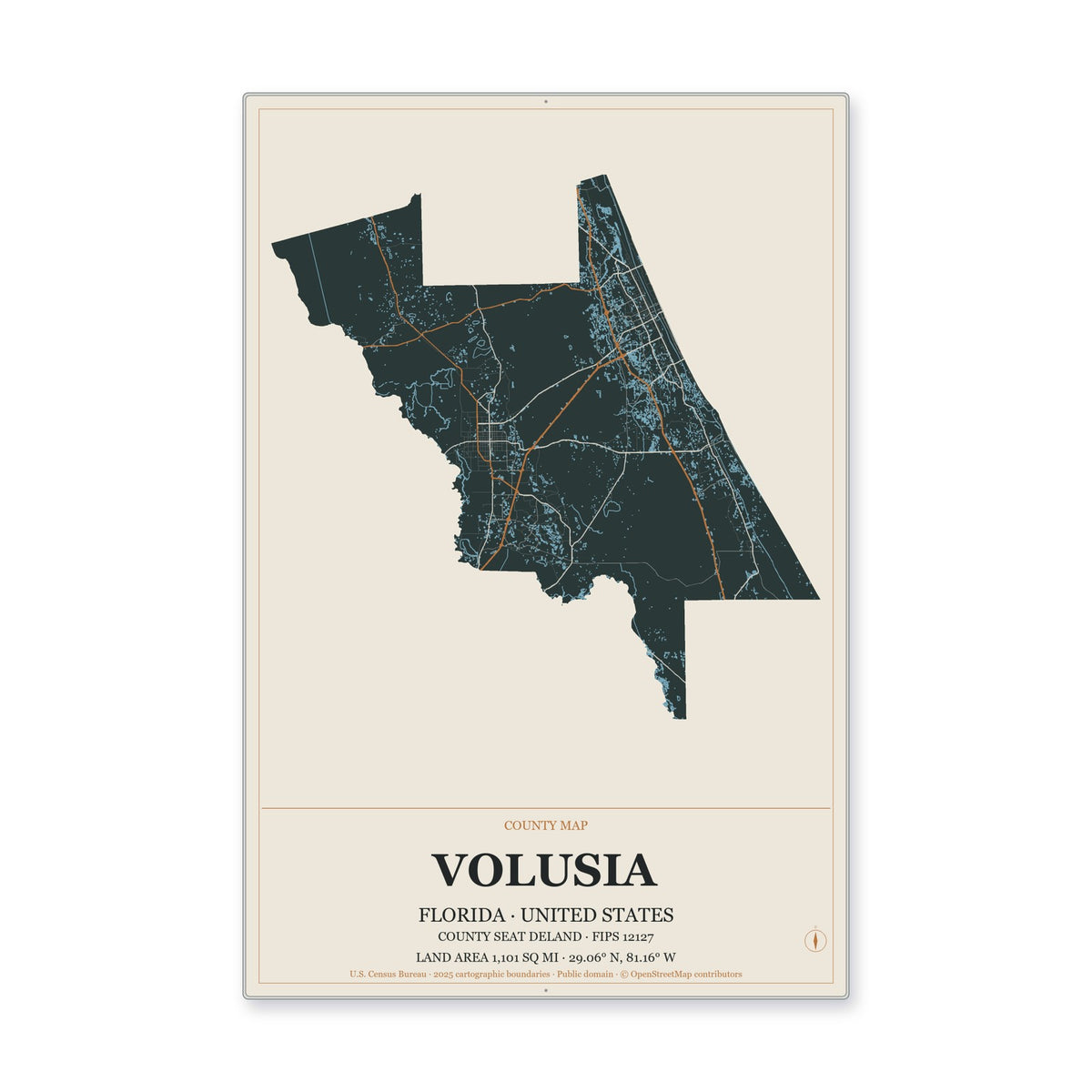 Volusia County, Florida Map Aluminum Sign in Headline Atlas style