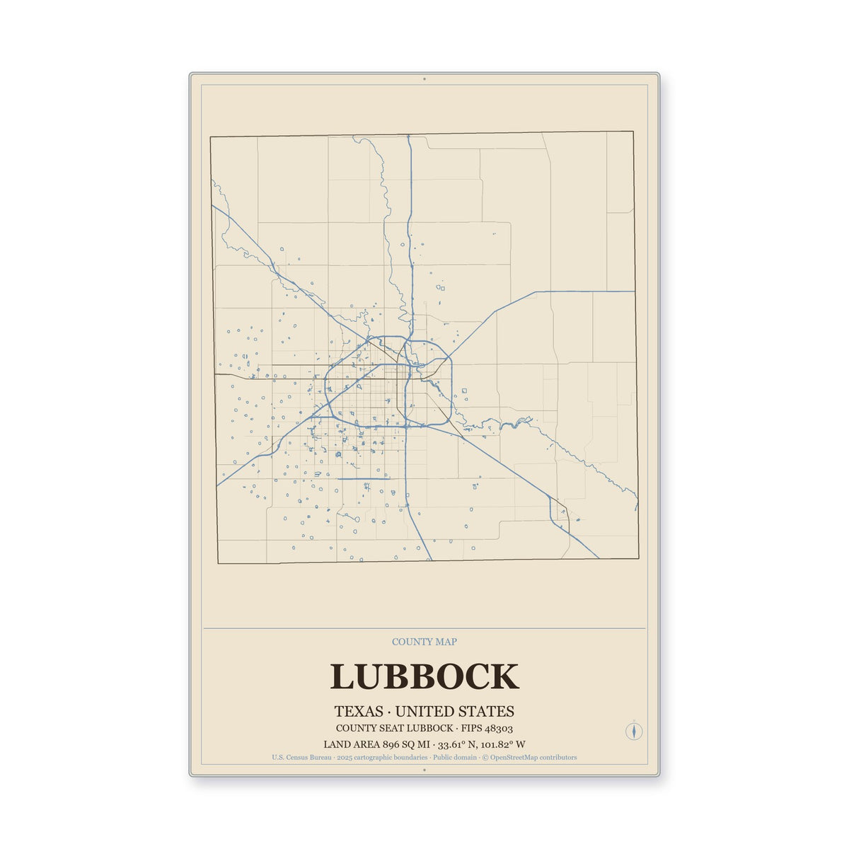 Lubbock County, Texas Map Aluminum Sign in Heritage Nautical style