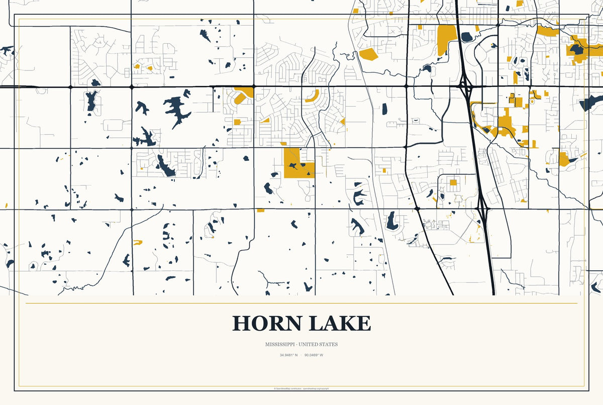 Horn Lake, Mississippi City Map Aluminum Sign in Citrine Modern style