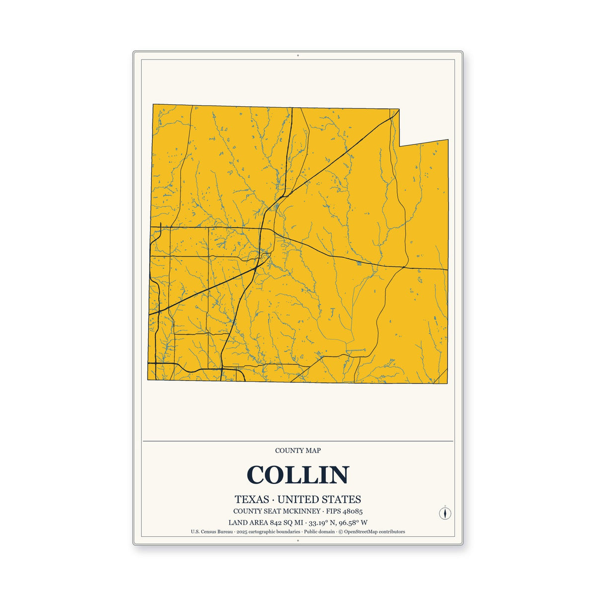 Collin County, Texas Map Aluminum Sign in Citrine Modern style
