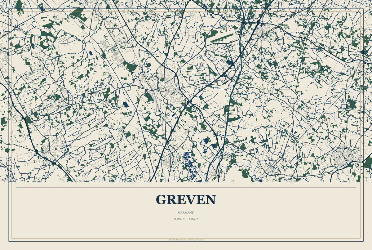 Greven, Germany City Map Aluminum Sign in Coastal Cutout style