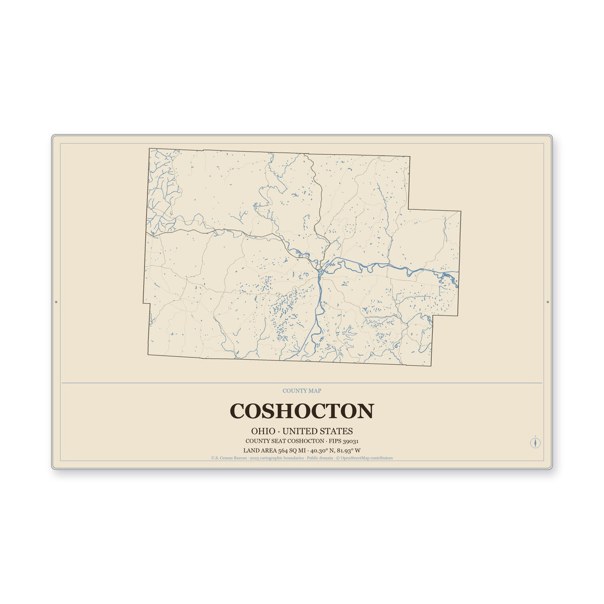 Coshocton County, Ohio Map Aluminum Sign in Heritage Nautical style