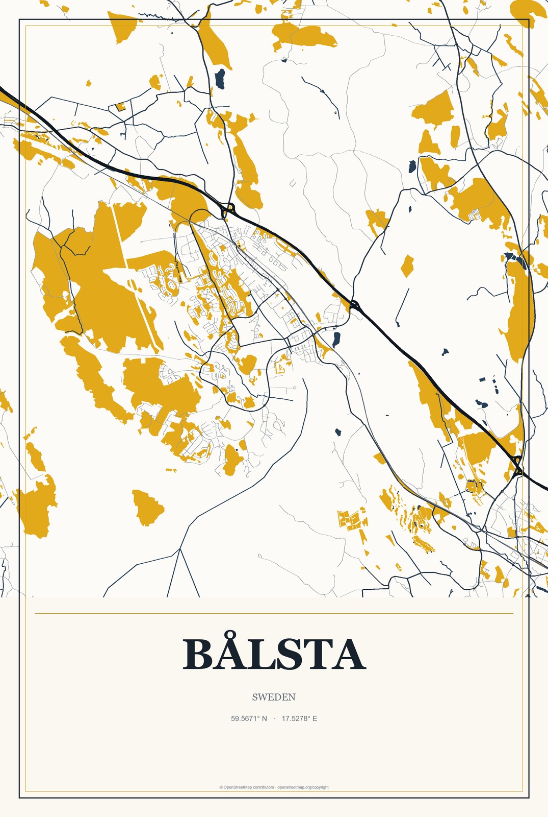 Bålsta, Sweden City Map Aluminum Sign in Citrine Modern style