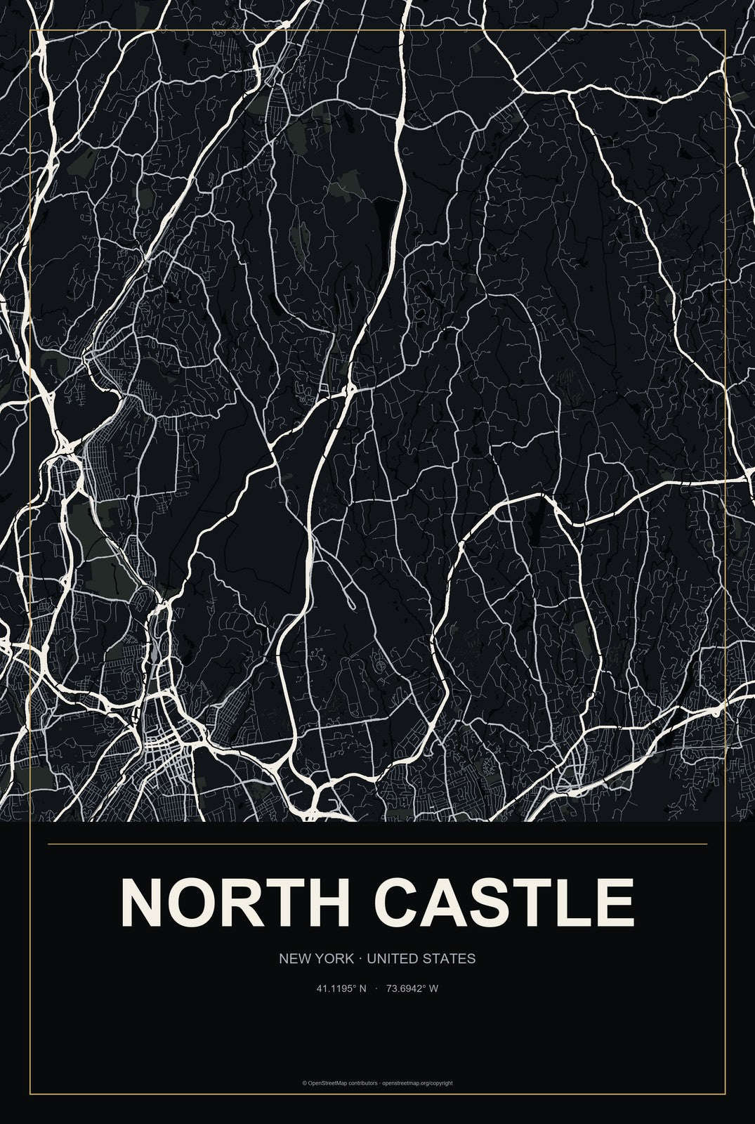 North Castle, New York City Map Aluminum Sign in Metropolitan Noir style