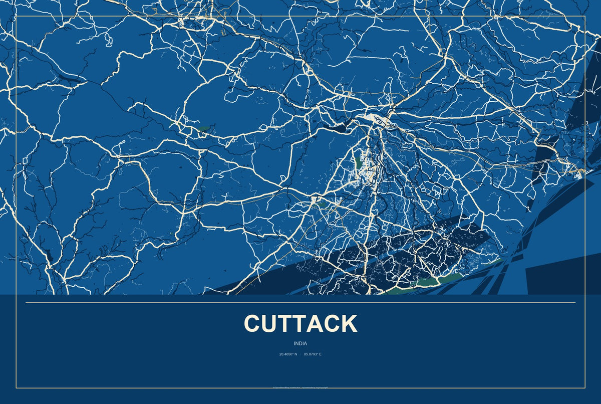 Cuttack, India City Map Aluminum Sign in Harbor Cobalt style
