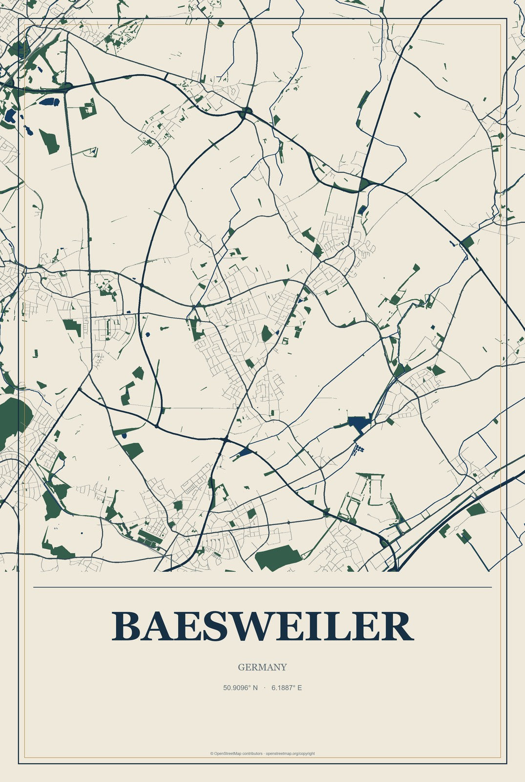 Baesweiler, Germany City Map Aluminum Sign in Coastal Cutout style