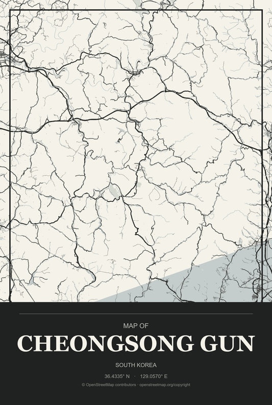 Cheongsong gun, South Korea City Map Aluminum Sign in Museum Plaque style