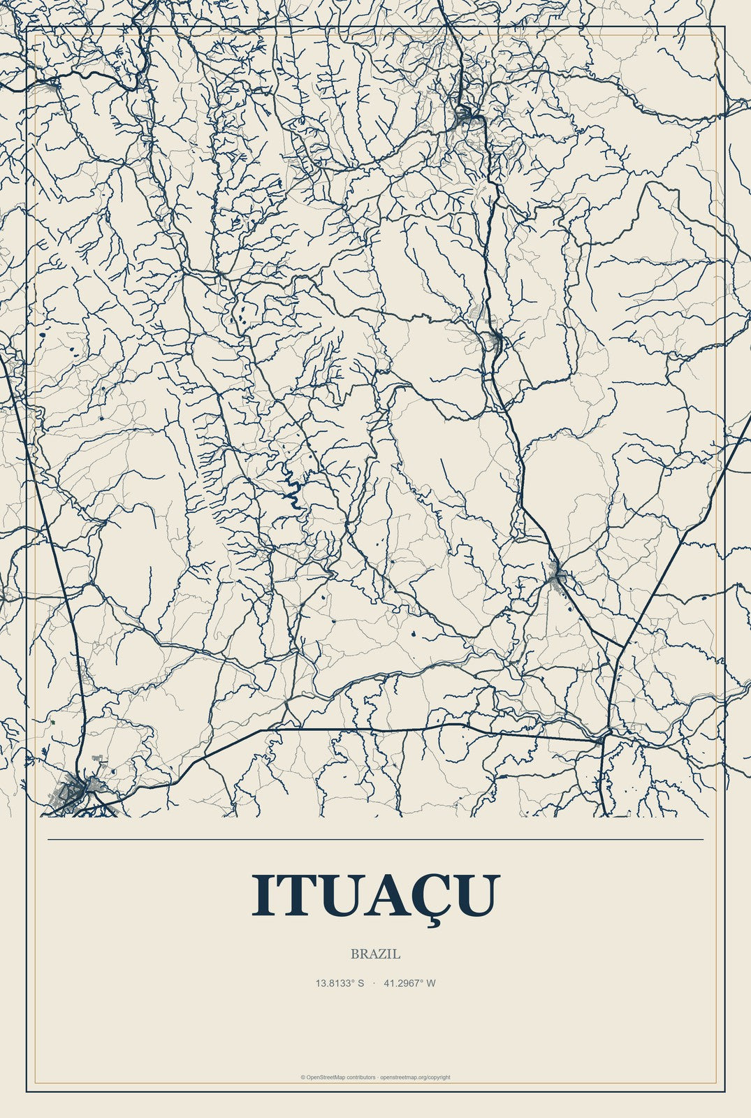 Ituaçu, Brazil City Map Aluminum Sign in Coastal Cutout style