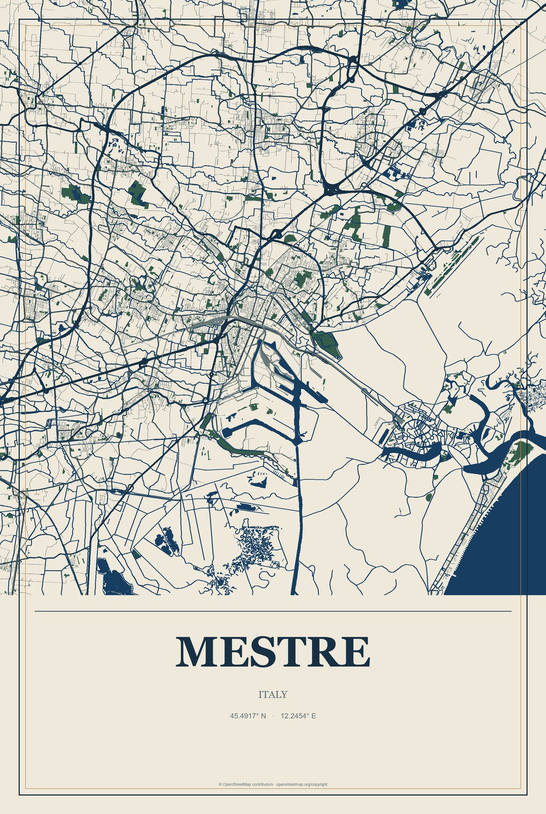 Mestre, Italy City Map Aluminum Sign in Coastal Cutout style