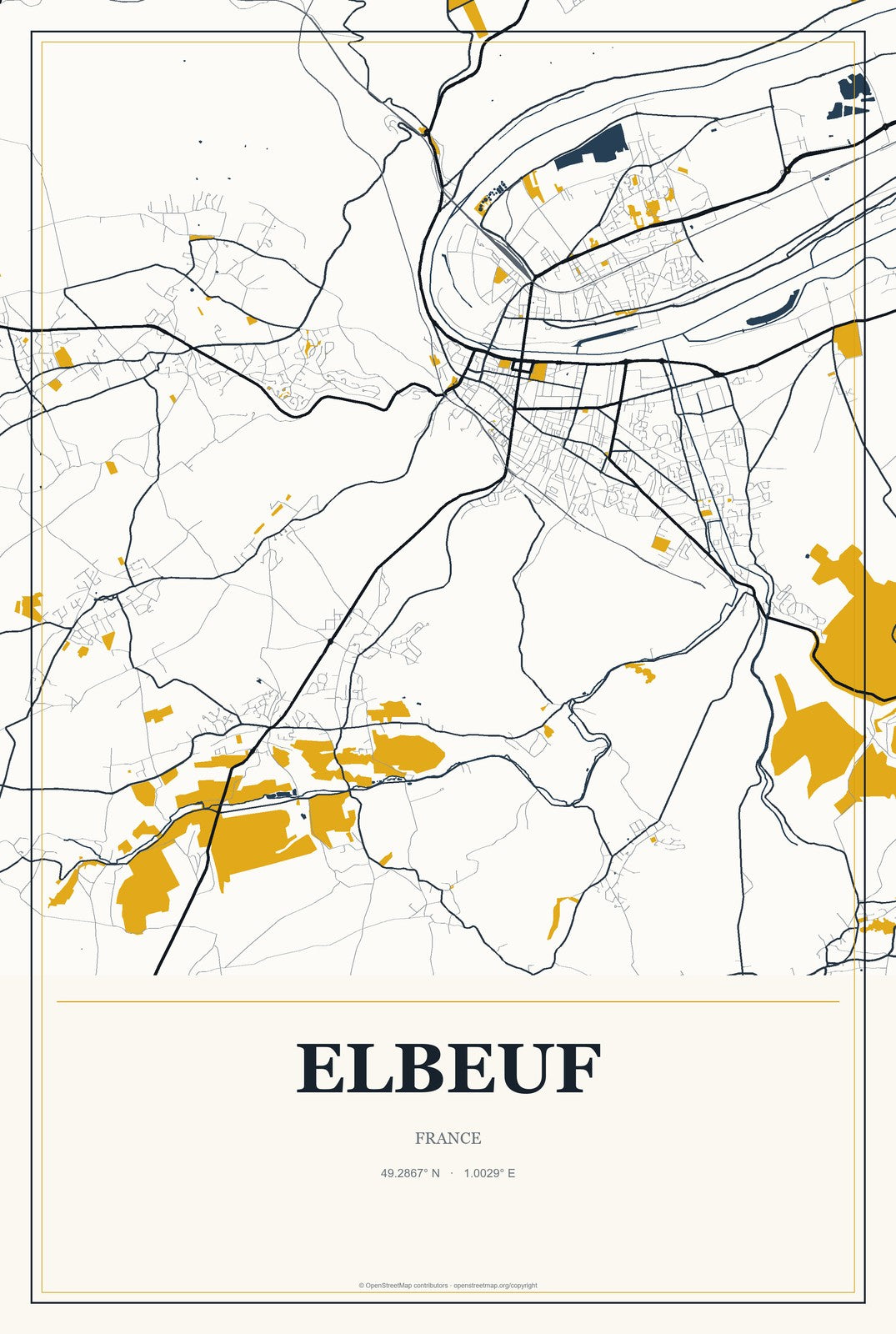 Elbeuf, France City Map Aluminum Sign in Citrine Modern style