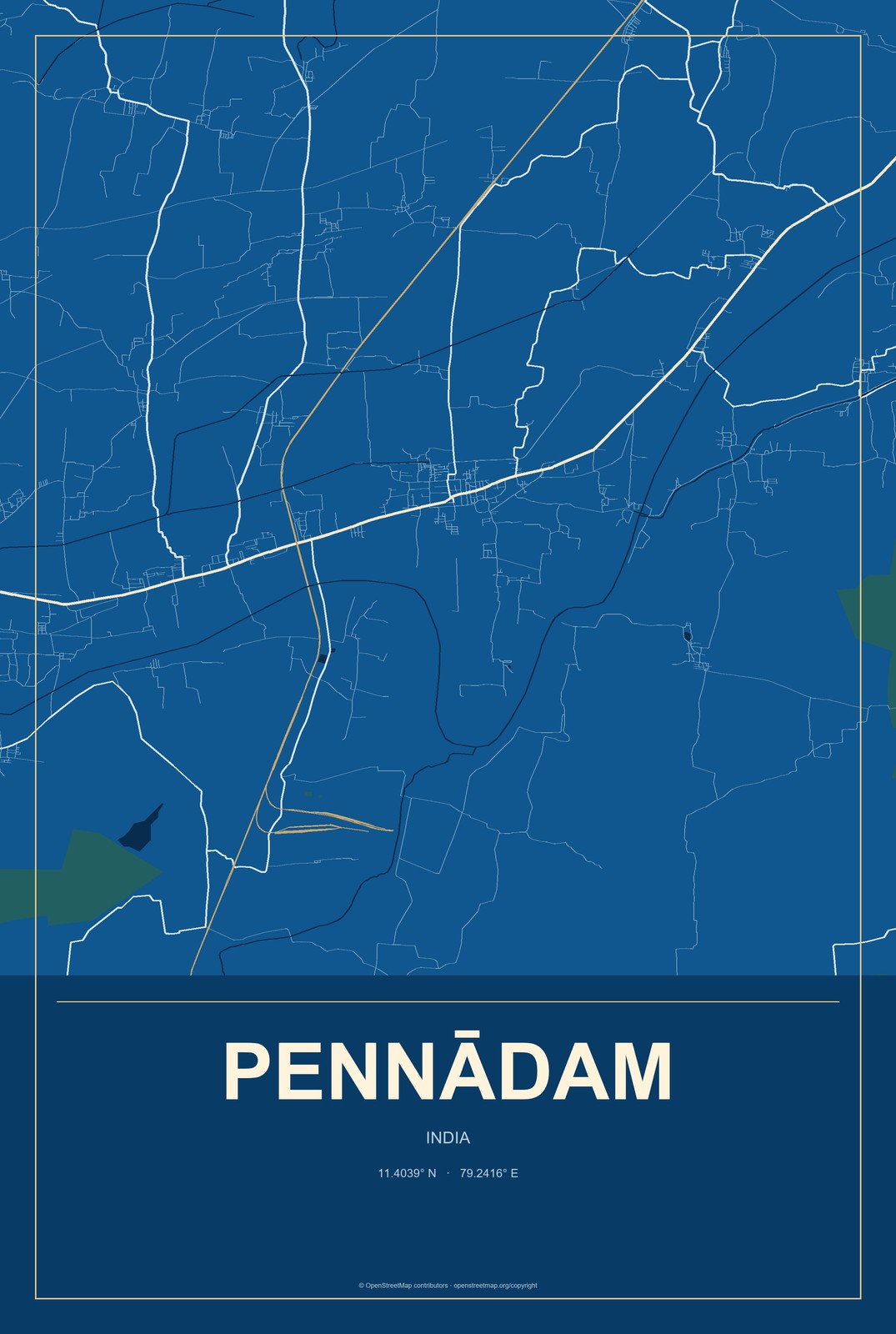 Pennādam, India City Map Aluminum Sign in Harbor Cobalt style