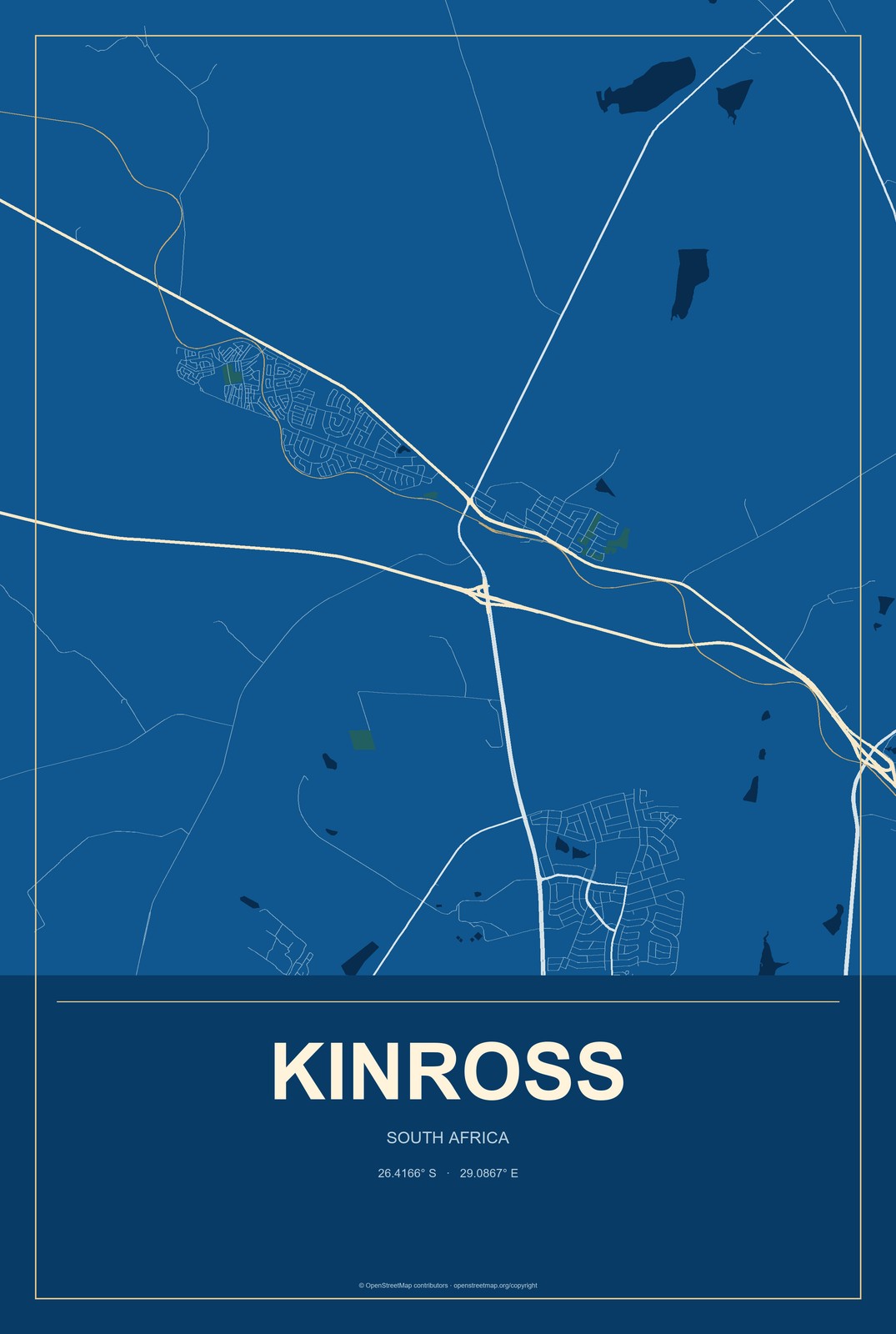 Kinross, South Africa City Map Aluminum Sign in Harbor Cobalt style