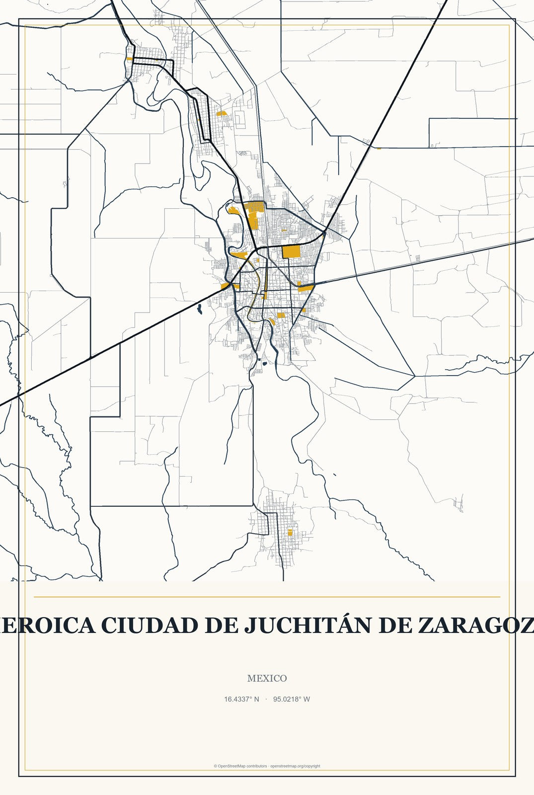 Heroica Ciudad de Juchitán de Zaragoza, Mexico City Map Aluminum Sign in Citrine Modern style