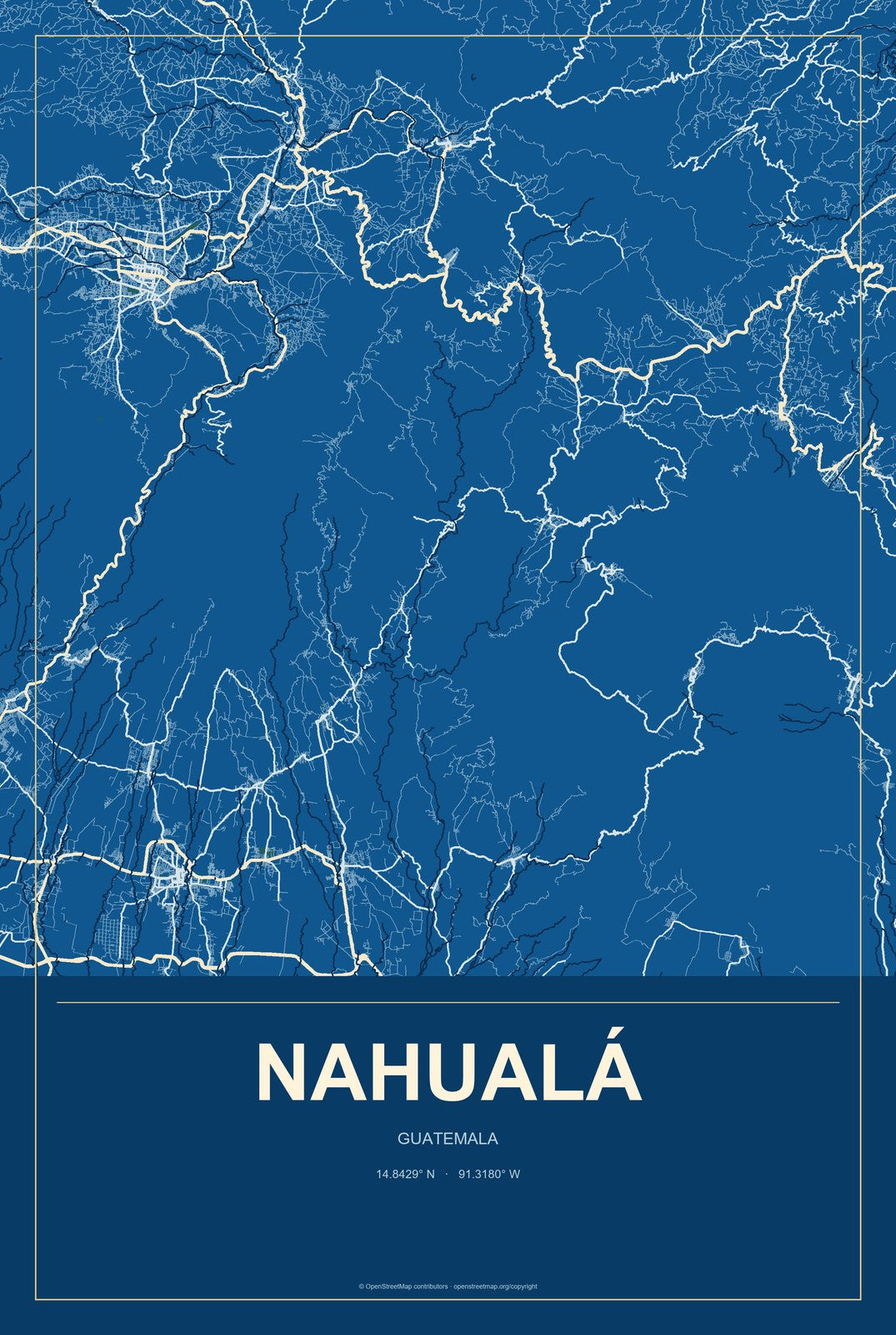 Nahualá, Guatemala City Map Aluminum Sign in Harbor Cobalt style