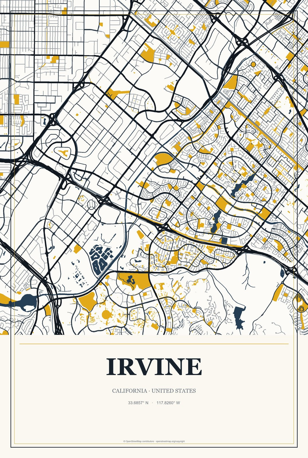 Irvine, California City Map Aluminum Sign in Citrine Modern style