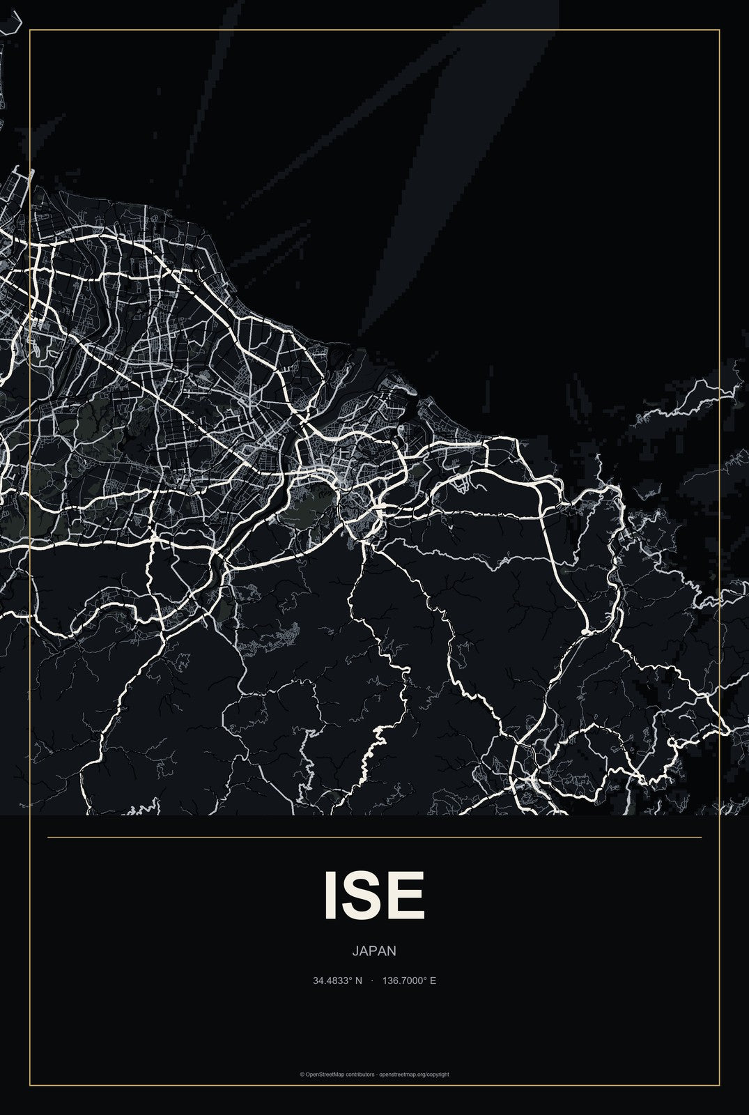 Ise, Japan City Map Aluminum Sign in Metropolitan Noir style
