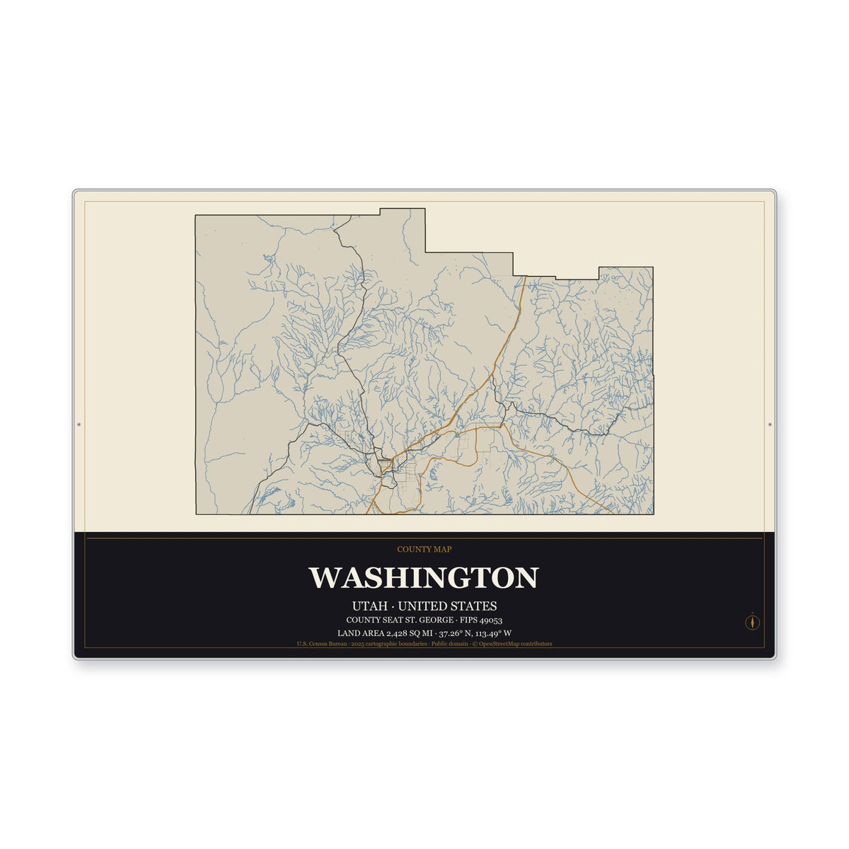 Washington County, Utah Map Aluminum Sign in Museum Plaque style