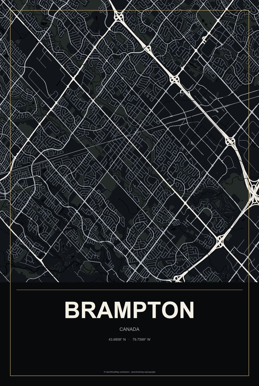 Brampton, Canada City Map Aluminum Sign in Metropolitan Noir style