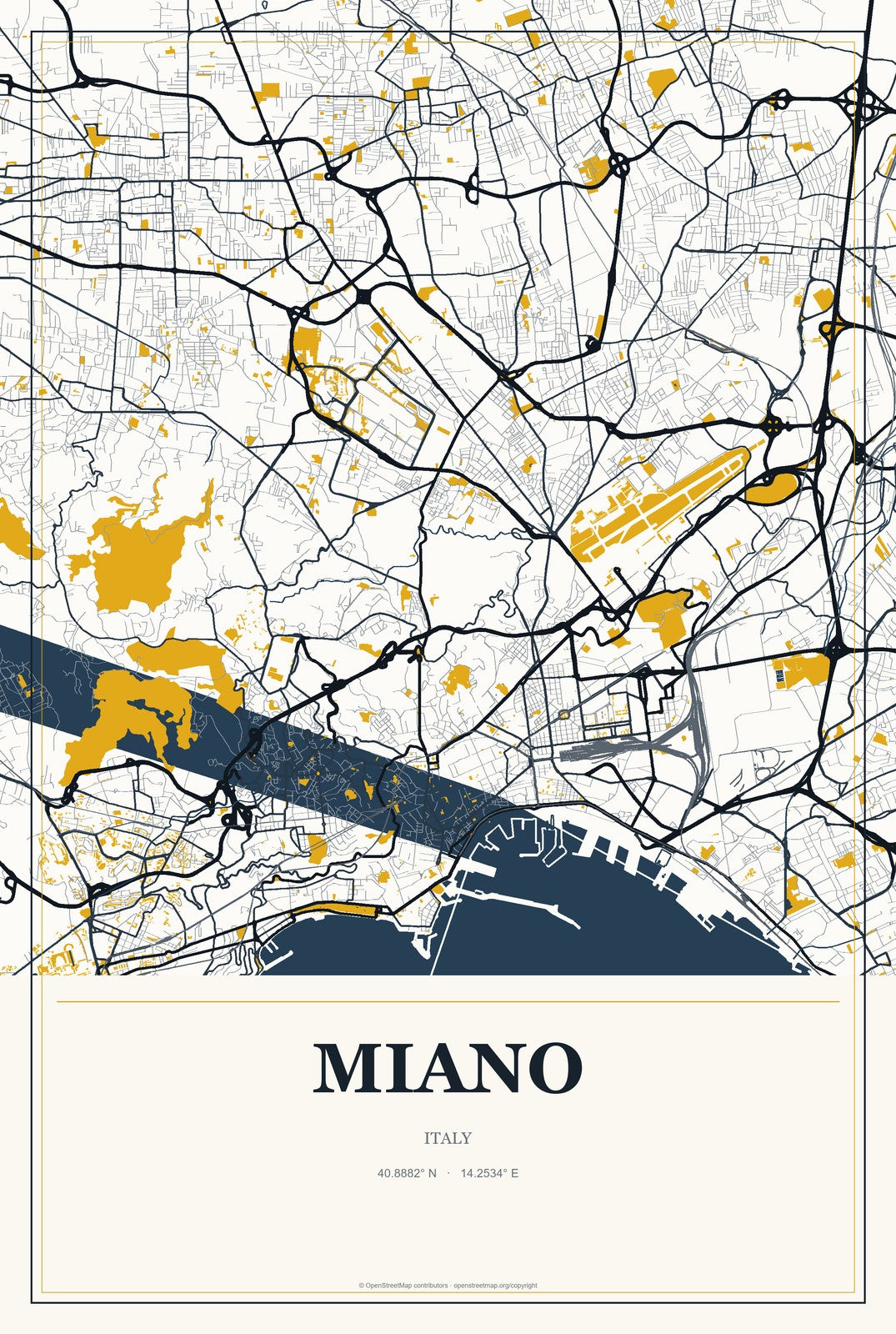 Miano, Italy City Map Aluminum Sign in Citrine Modern style