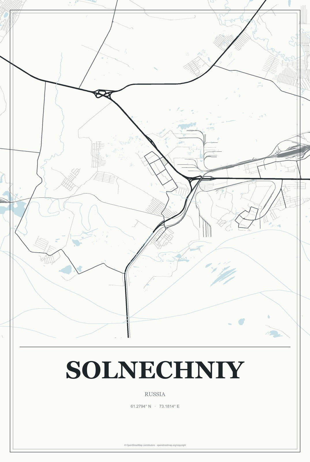 Solnechniy, Russia City Map Aluminum Sign in Gallery Air style