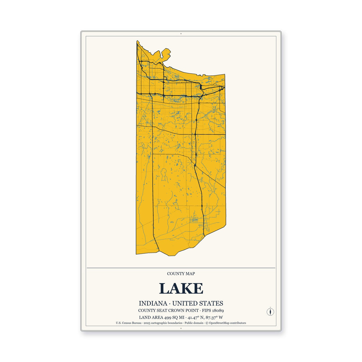 Lake County, Indiana Map Aluminum Sign in Citrine Modern style