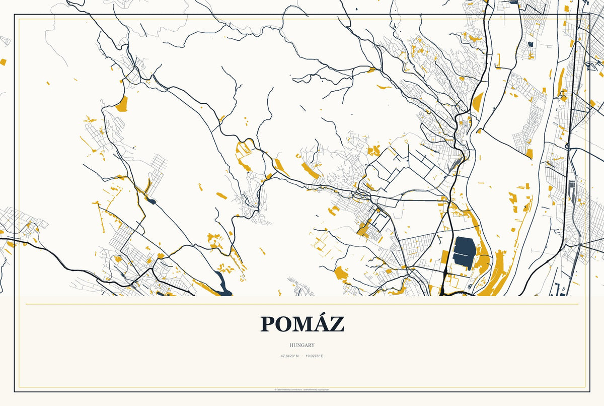 Pomáz, Hungary City Map Aluminum Sign in Citrine Modern style