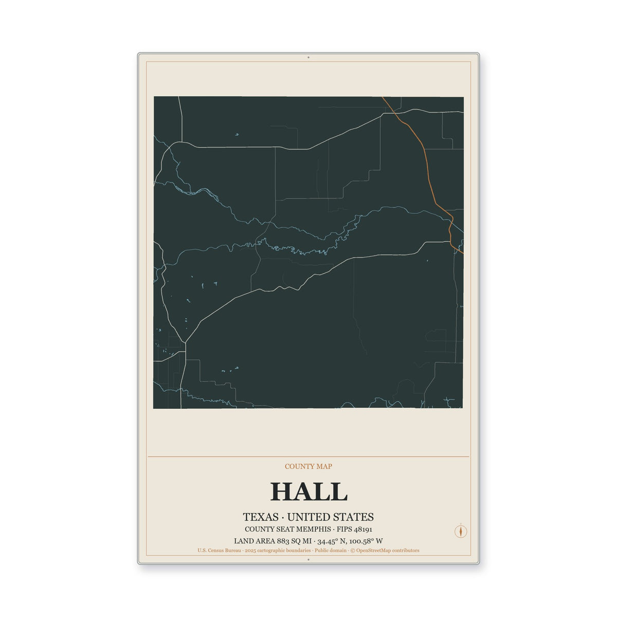 Hall County, Texas Map Aluminum Sign in Headline Atlas style