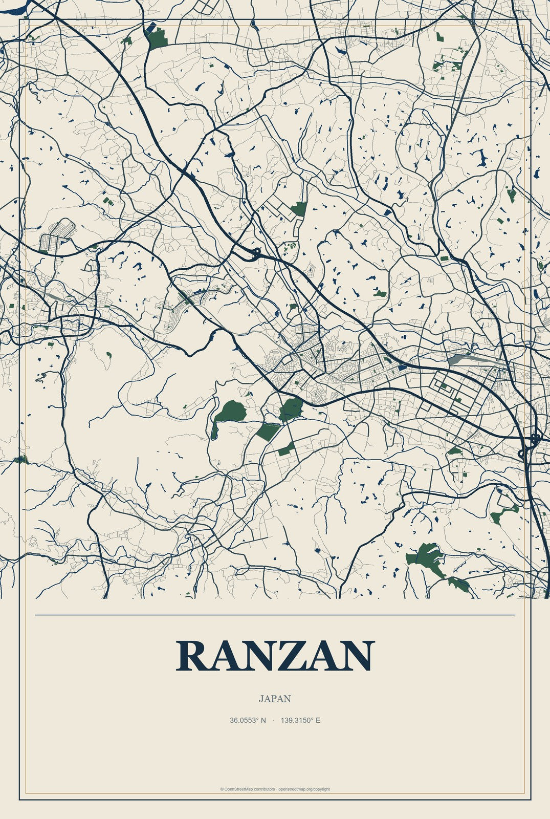 Ranzan, Japan City Map Aluminum Sign in Coastal Cutout style