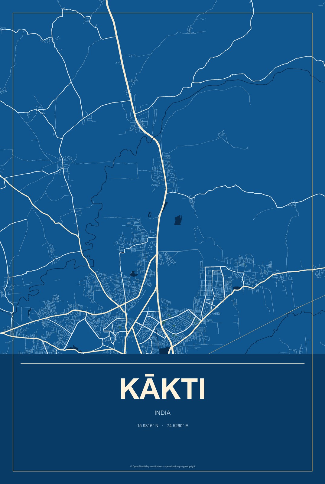 Kākti, India City Map Aluminum Sign in Harbor Cobalt style