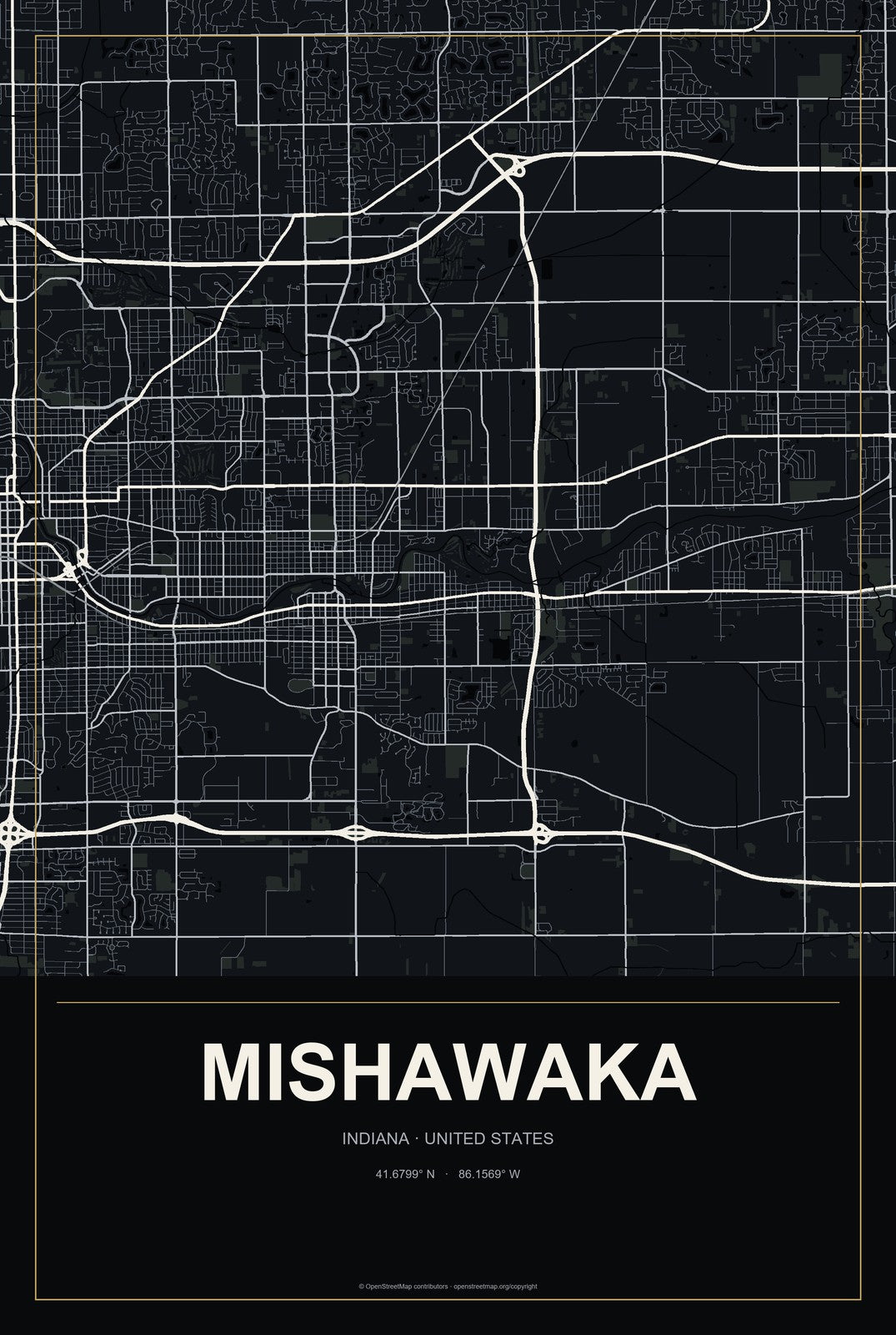 Mishawaka, Indiana City Map Aluminum Sign in Metropolitan Noir style