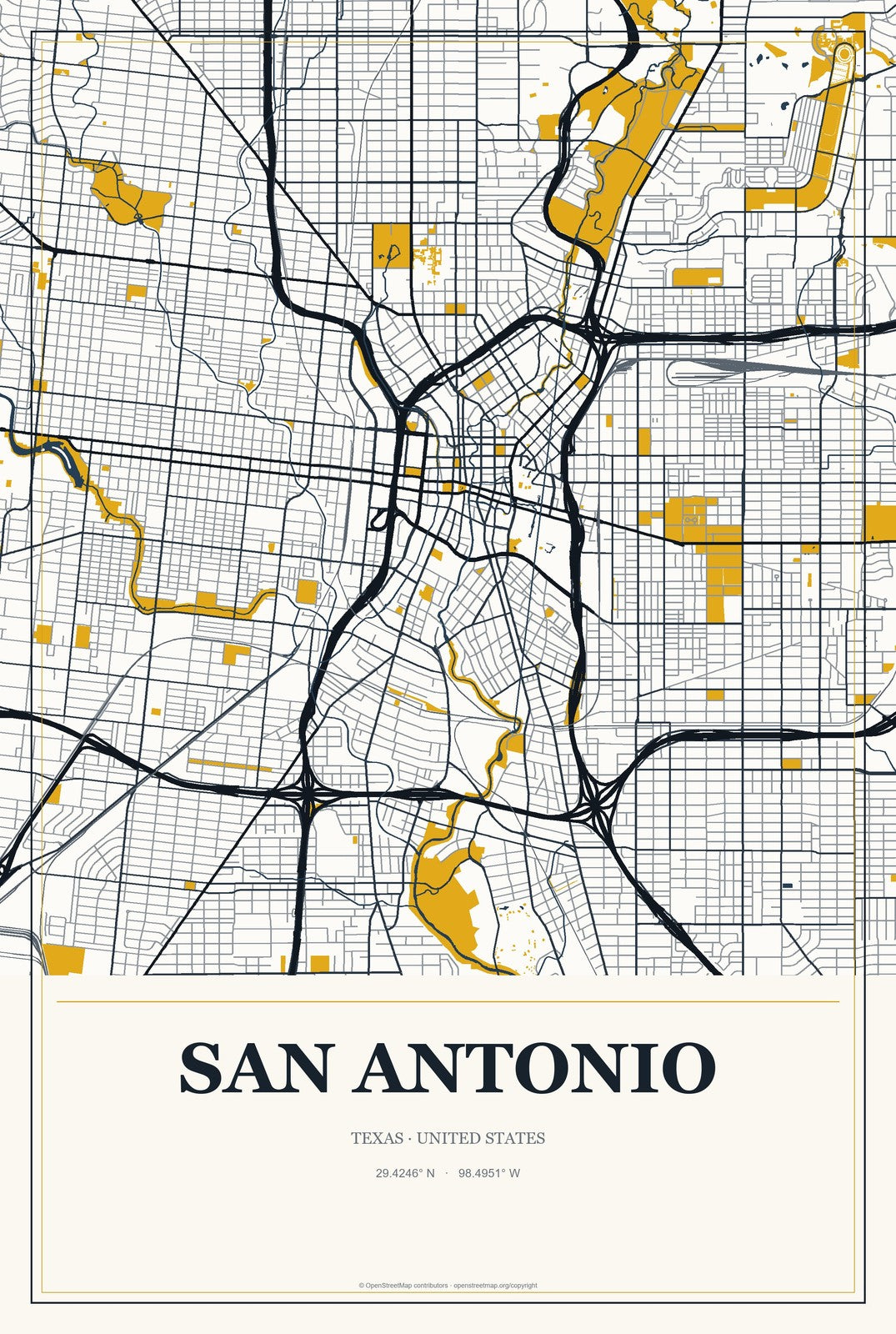 San Antonio, Texas City Map Aluminum Sign in Citrine Modern style
