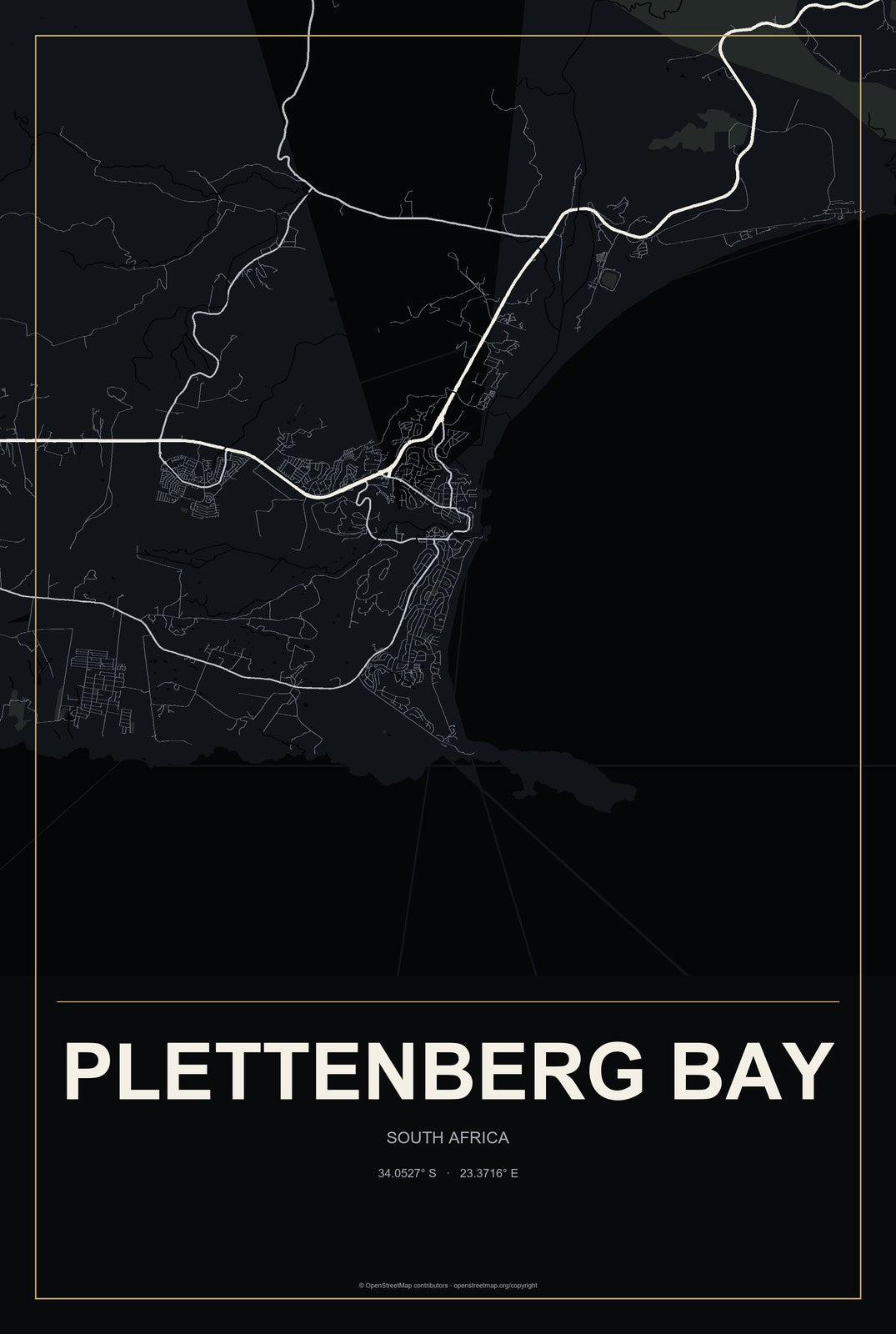 Plettenberg Bay, South Africa City Map Aluminum Sign in Metropolitan Noir style