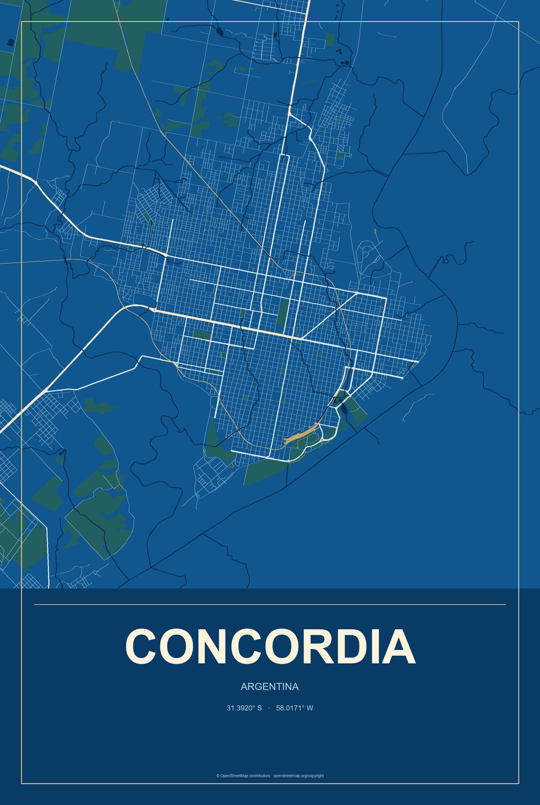 Concordia, Argentina City Map Aluminum Sign in Harbor Cobalt style
