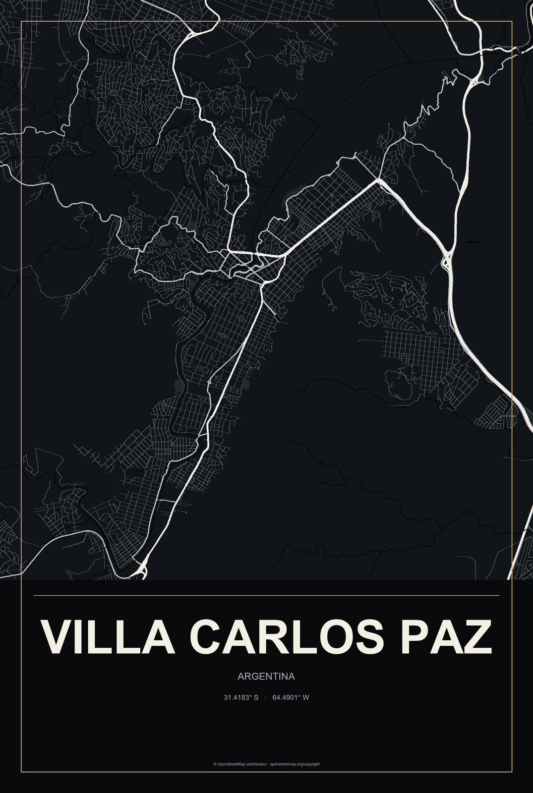 Villa Carlos Paz, Argentina City Map Aluminum Sign in Metropolitan Noir style