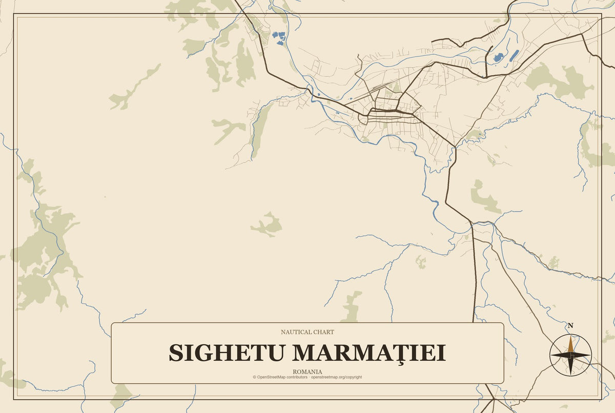 Sighetu Marmaţiei, Romania City Map Aluminum Sign in Heritage Nautical style