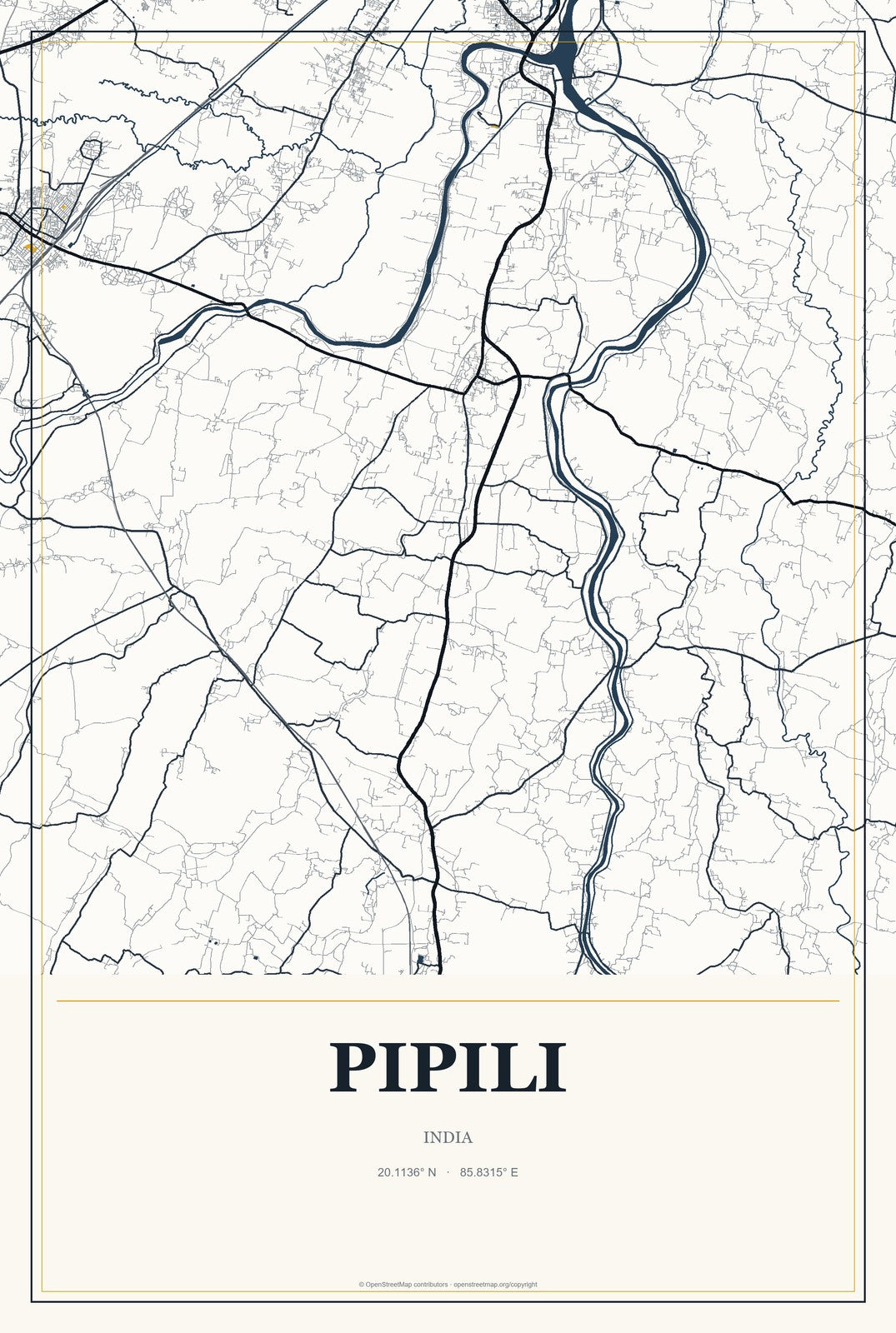 Pipili, India City Map Aluminum Sign in Citrine Modern style