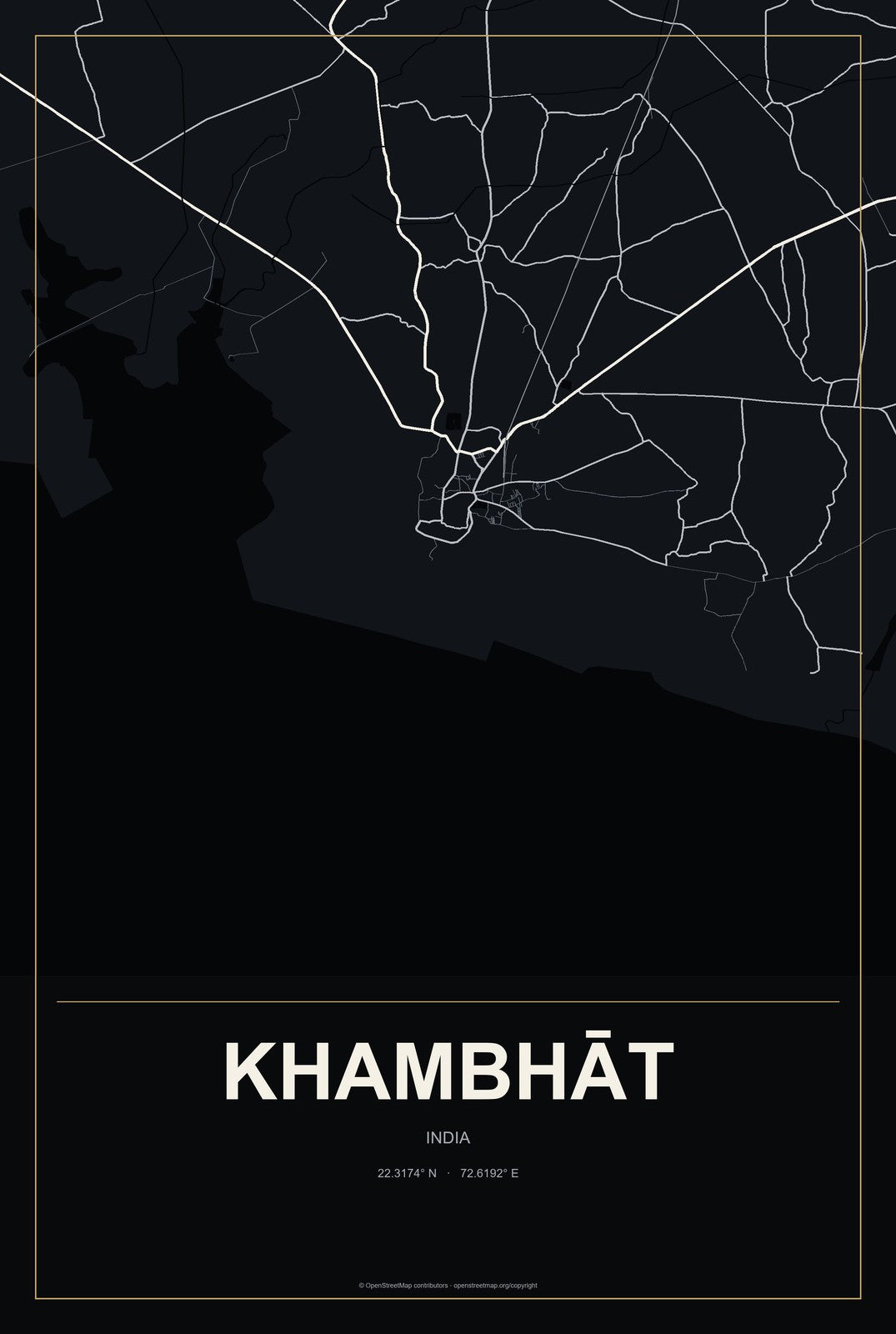 Khambhāt, India City Map Aluminum Sign in Metropolitan Noir style