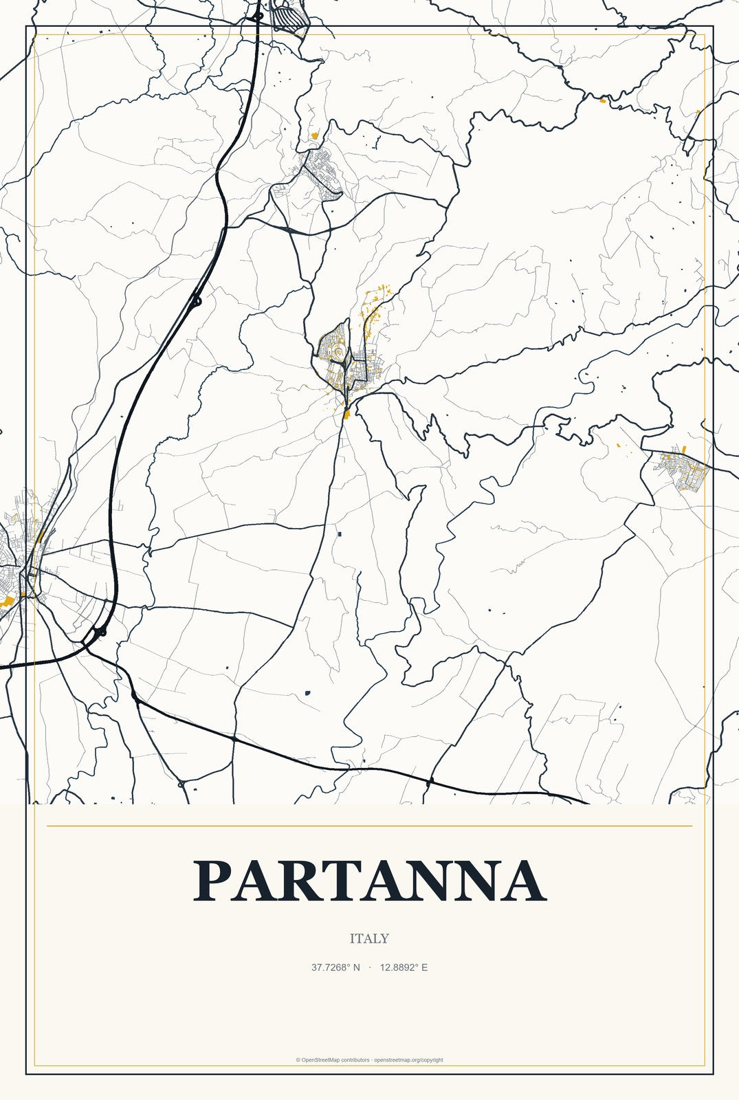Partanna, Italy City Map Aluminum Sign in Citrine Modern style